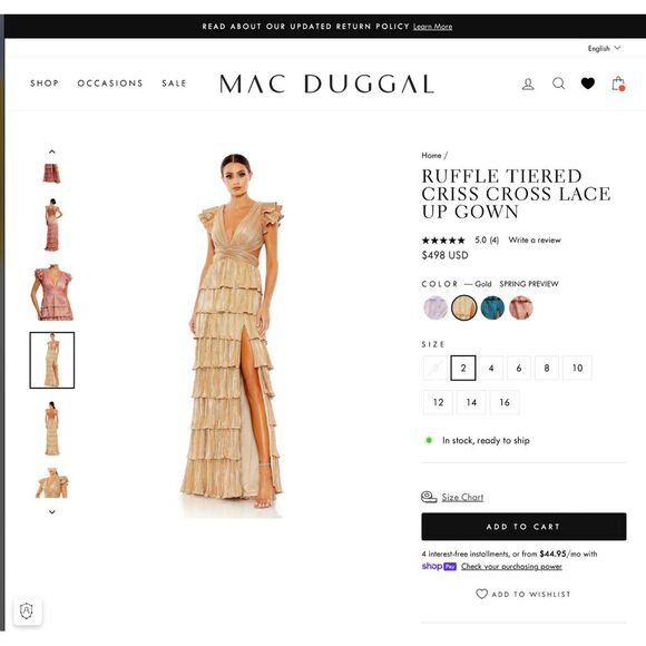 NWT‎ $498 IEENA Mac Duggal [ 4 ] 26740 Ruffle Tiered Lace Up Gown Gold - Picture 3 of 16